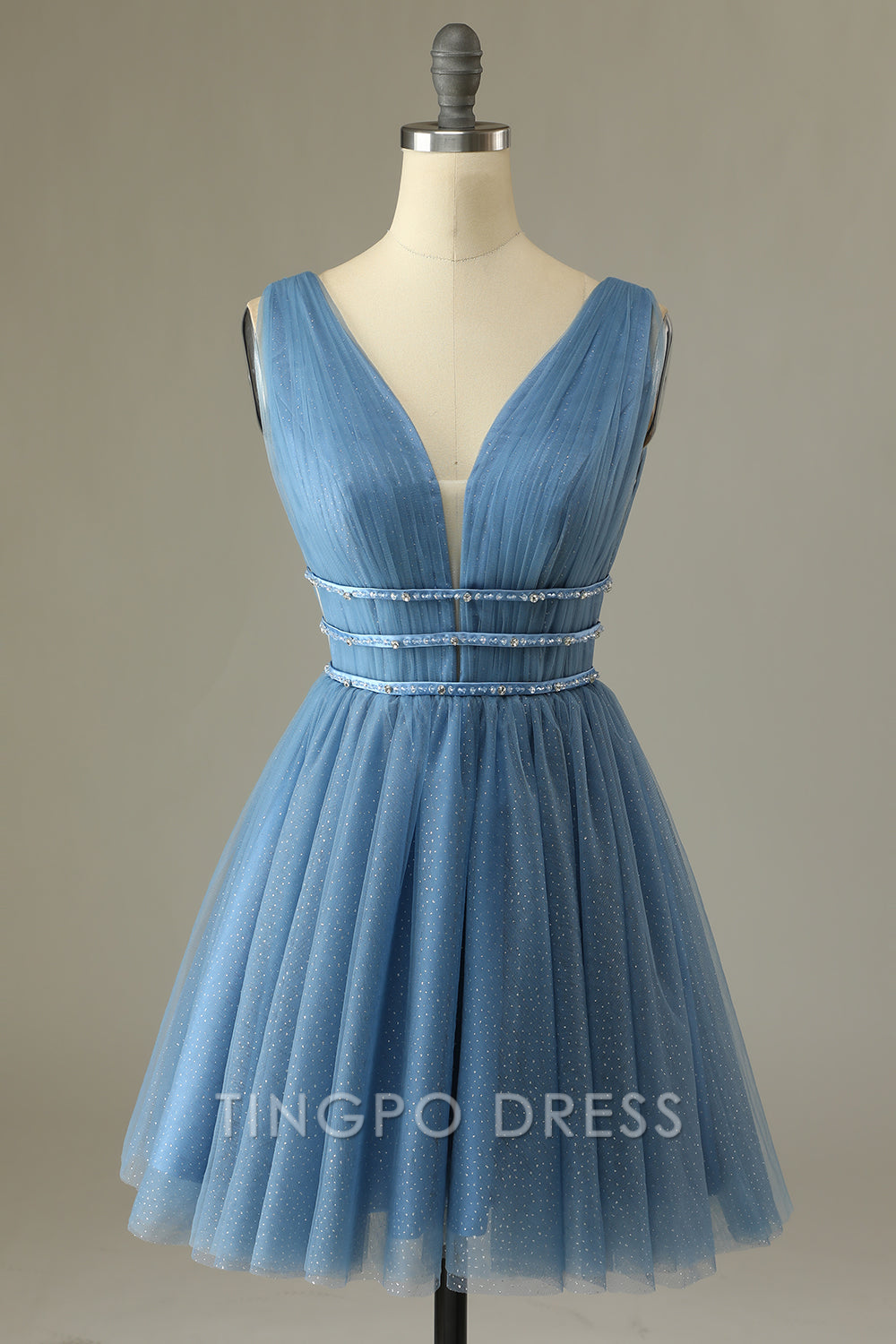 TingPo Wholesale Elegant Blue Grey Tulle Short Prom Dress formal wear dresses